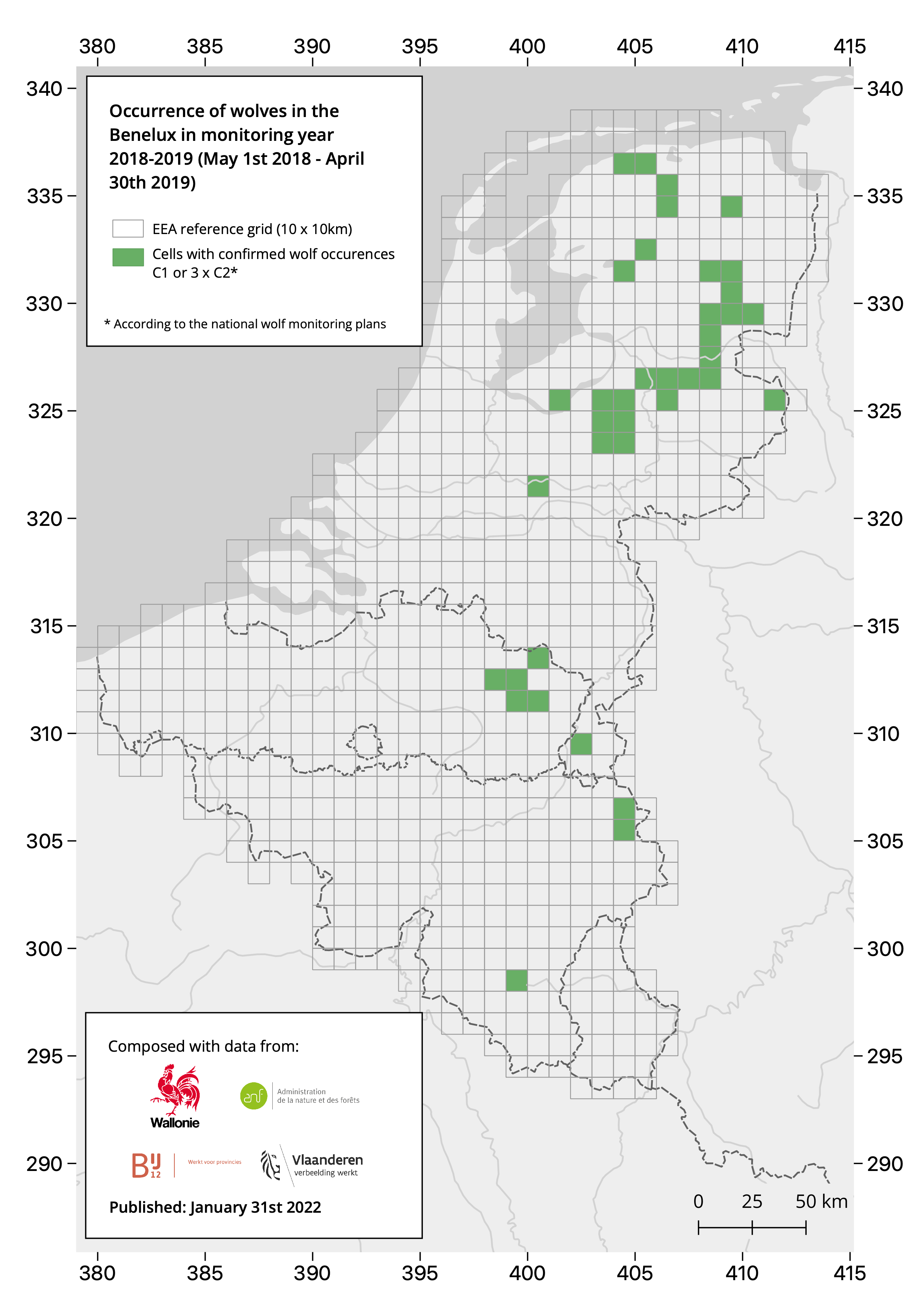 Illustratie van de verspreiding van de wolf in de Benelux in de jaren 2018 - 2019