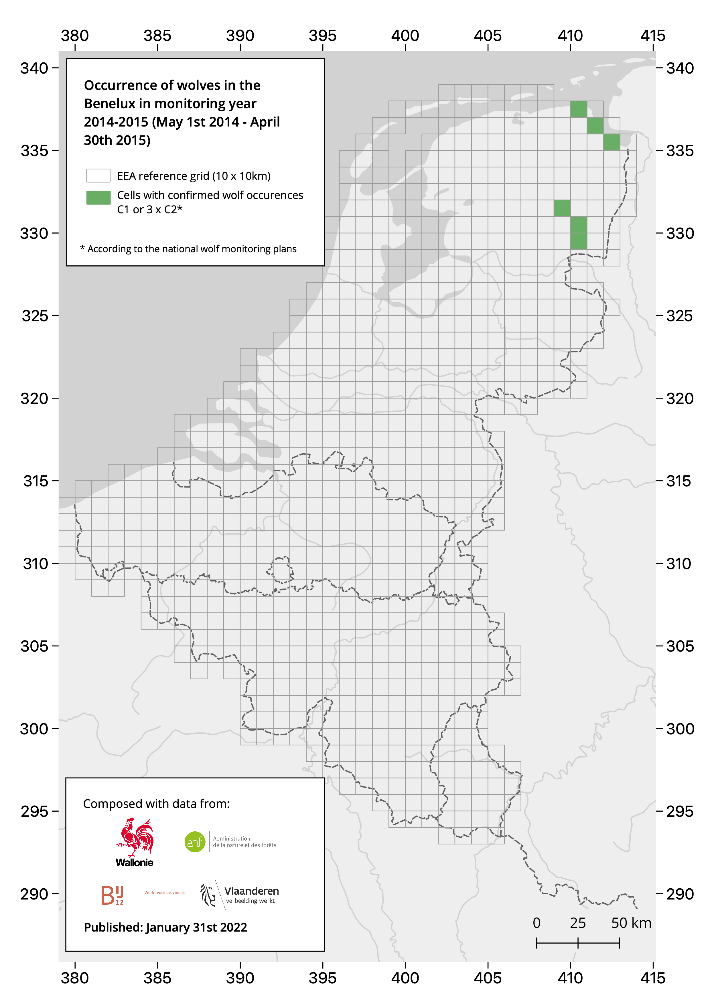 Illustratie van de verspreiding van de wolf in de Benelux 2014 - 2015