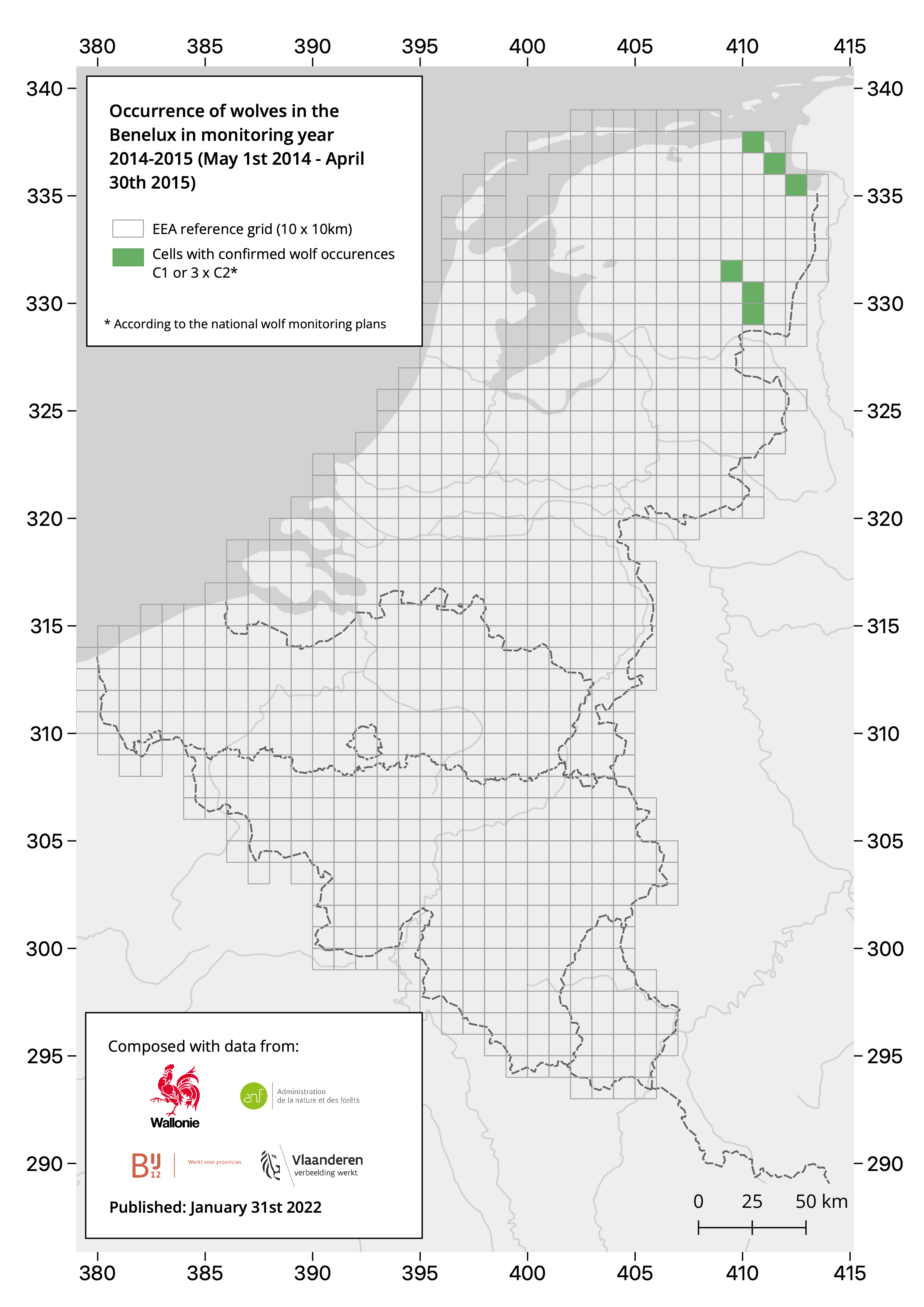 Illustratie van de verspreiding van de wolf in de Benelux in de jaren 2014 - 2015