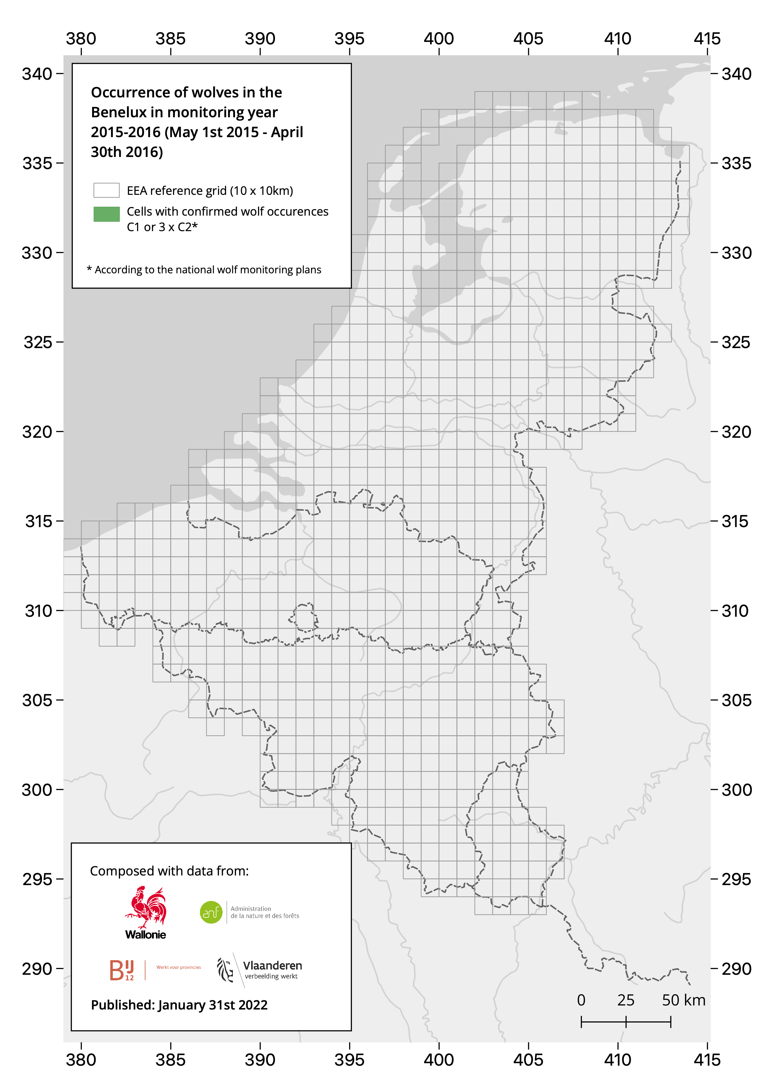 Illustratie van de verspreiding van de wolf in de Benelux 2015 - 2016