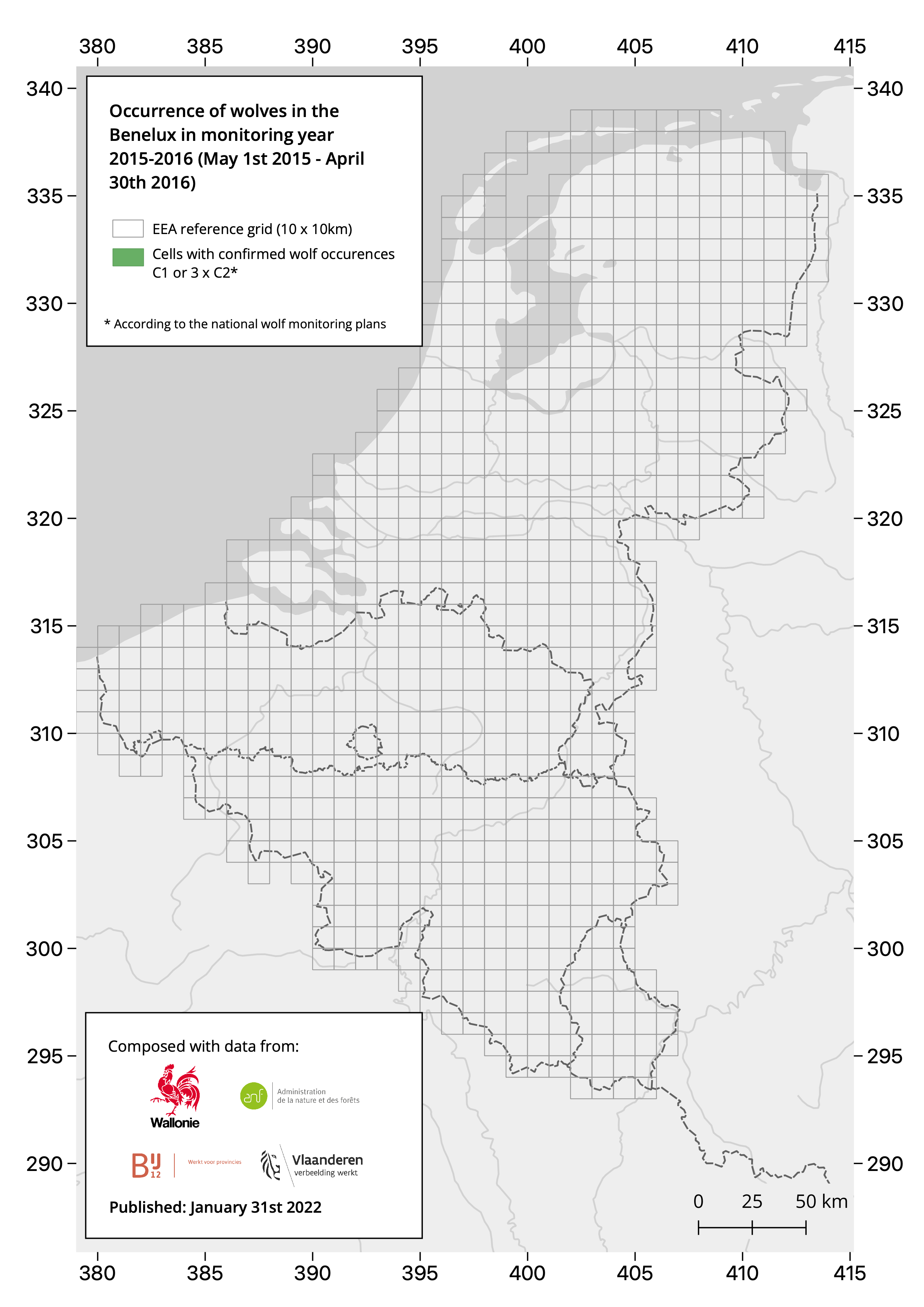 Illustratie van de verspreiding van de wolf in de Benelux in de jaren 2015 - 2016