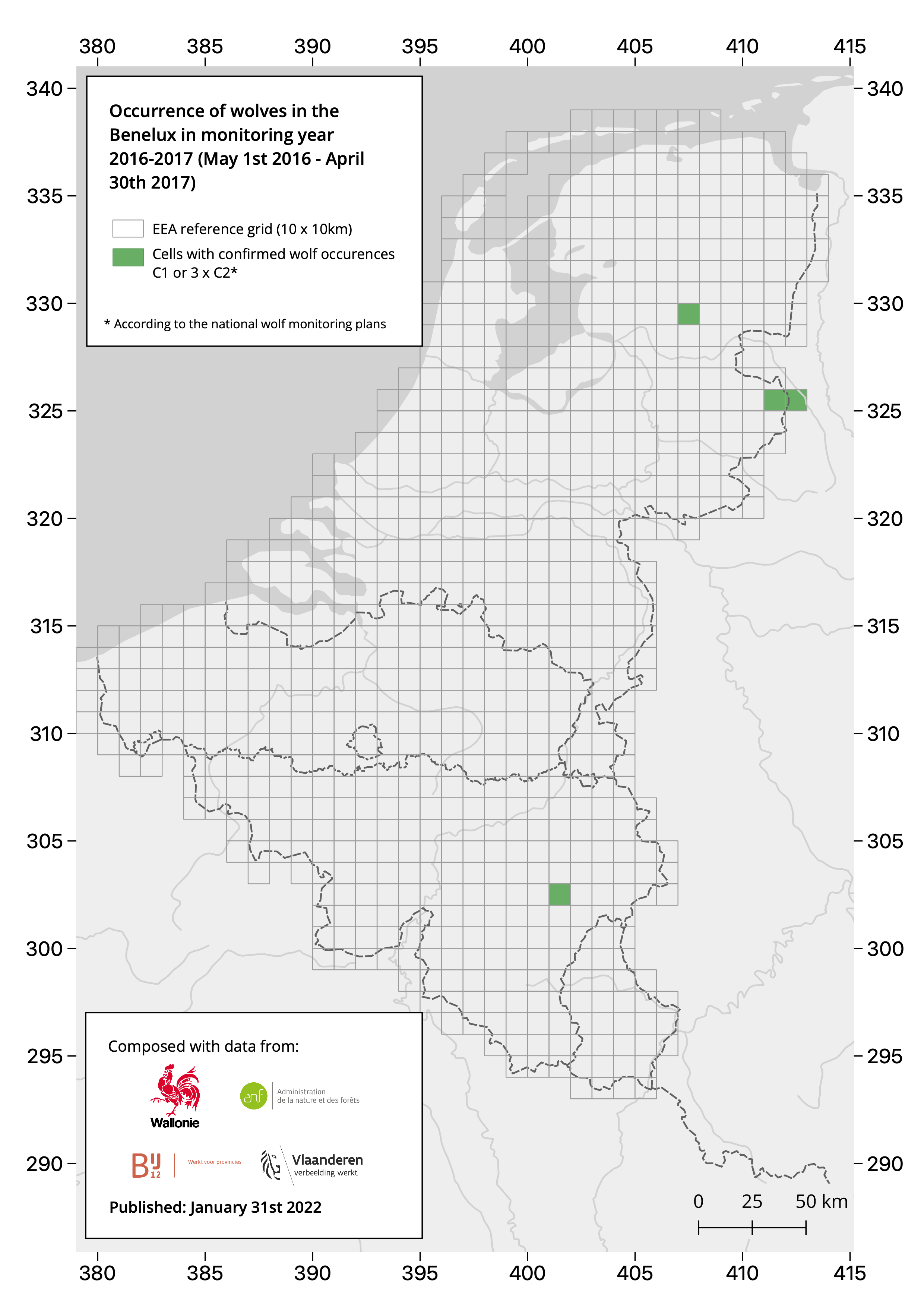 Illustratie van de verspreiding van de wolf in de Benelux in de jaren 2016 - 2017