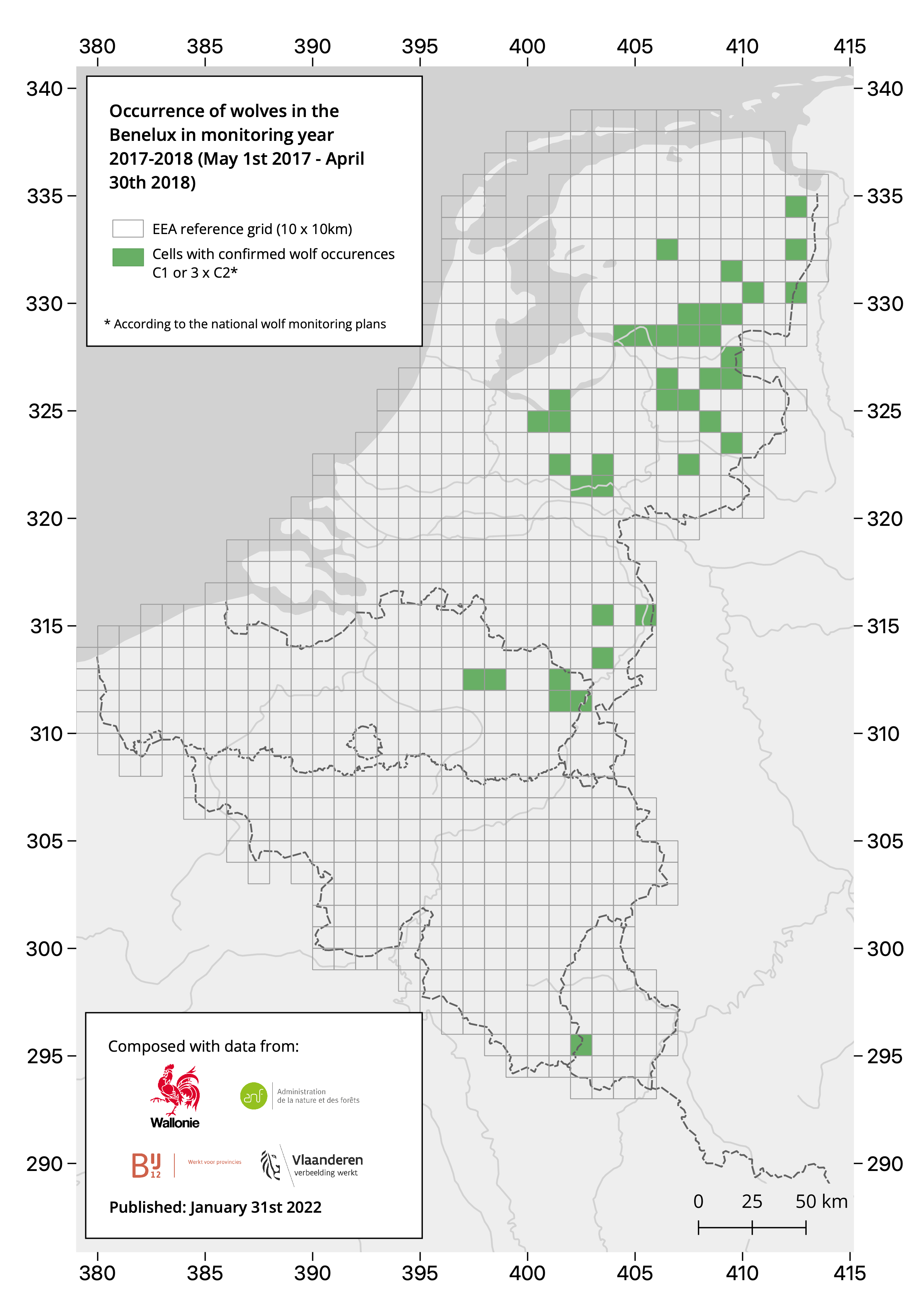 Illustratie van de verspreiding van de wolf in de Benelux in de jaren 2017 - 2018