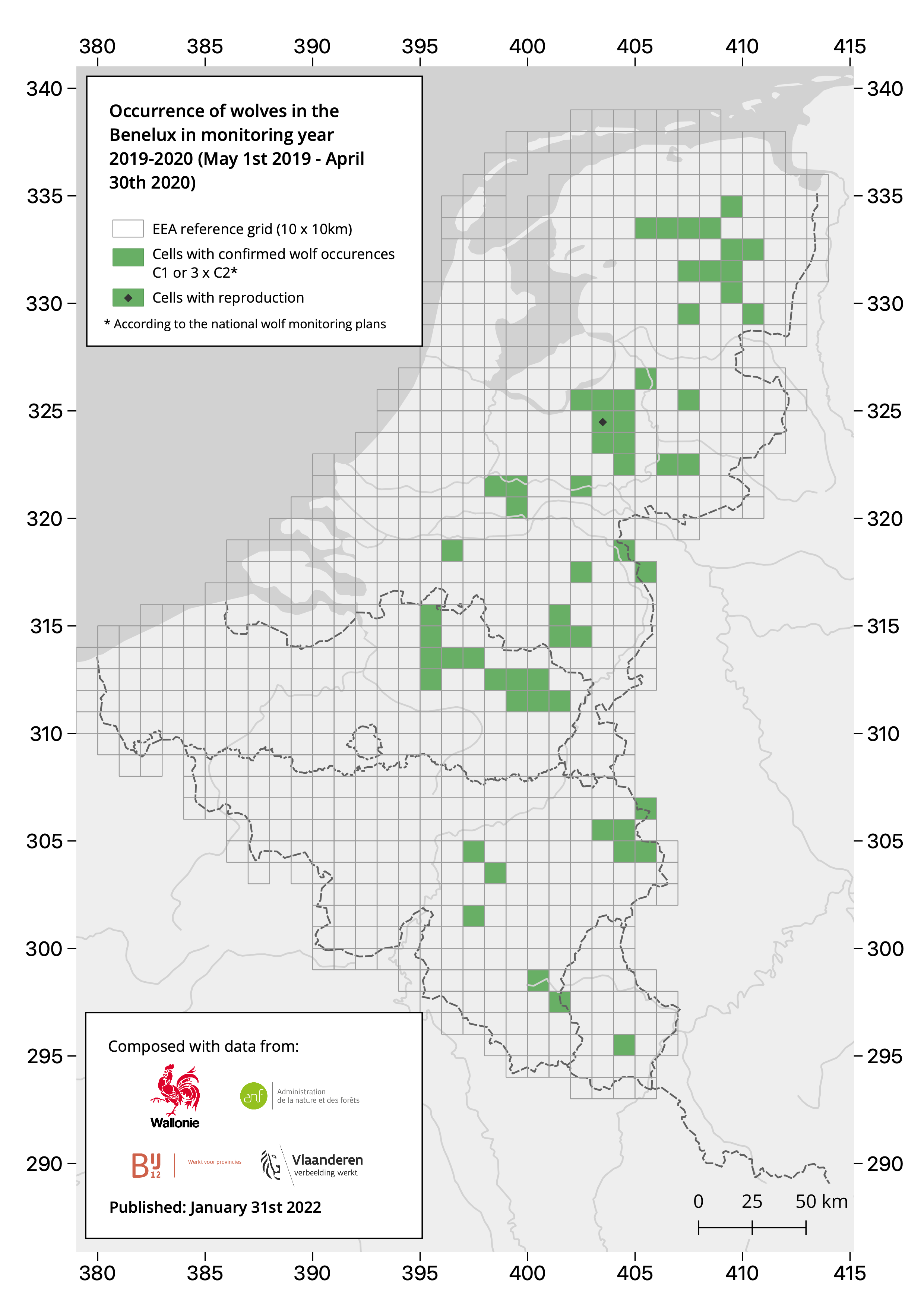 Illustratie van de verspreiding van de wolf in de Benelux 2019 - 2020