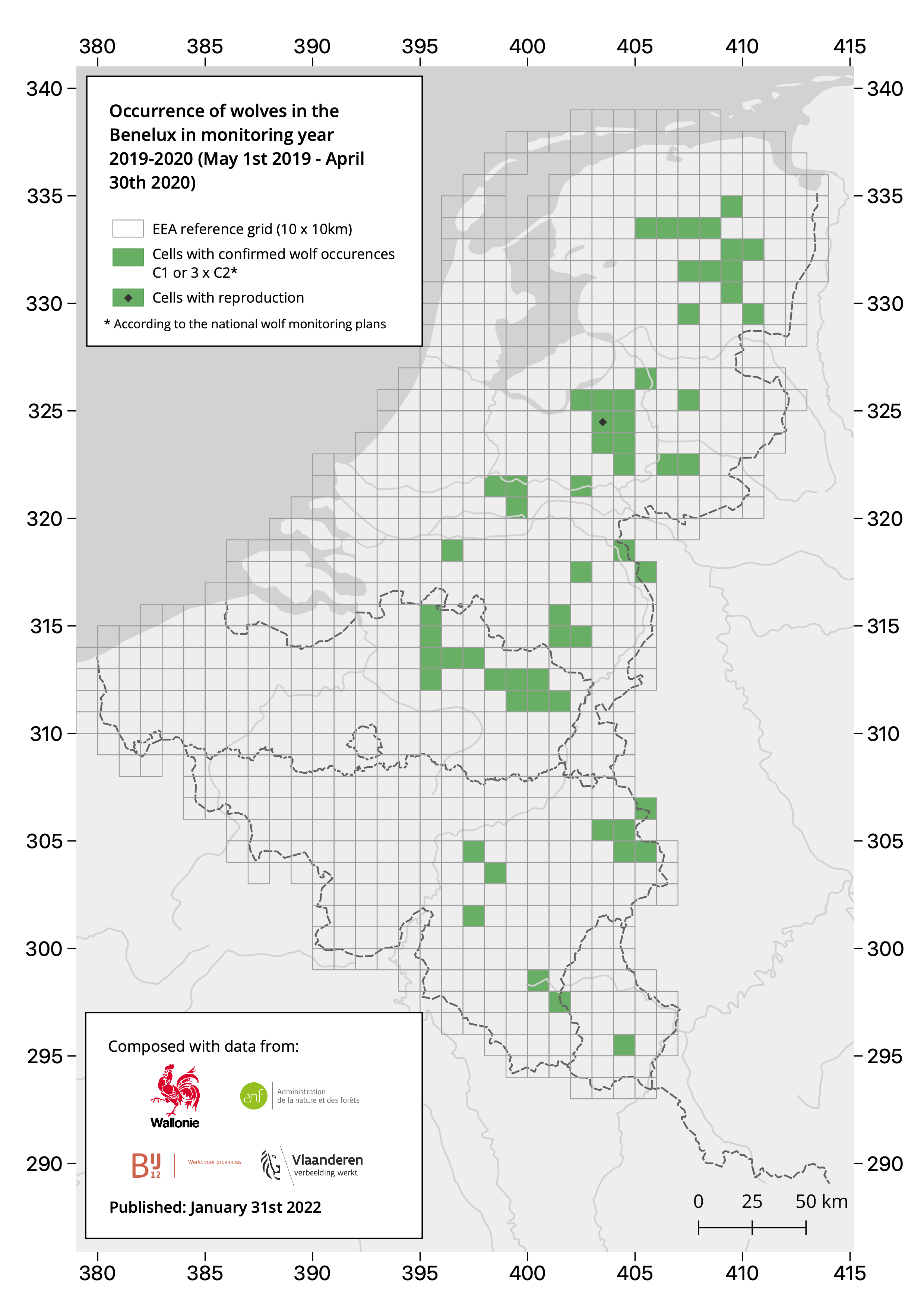 Illustratie van de verspreiding van de wolf in de Benelux in de jaren 2019 - 2020