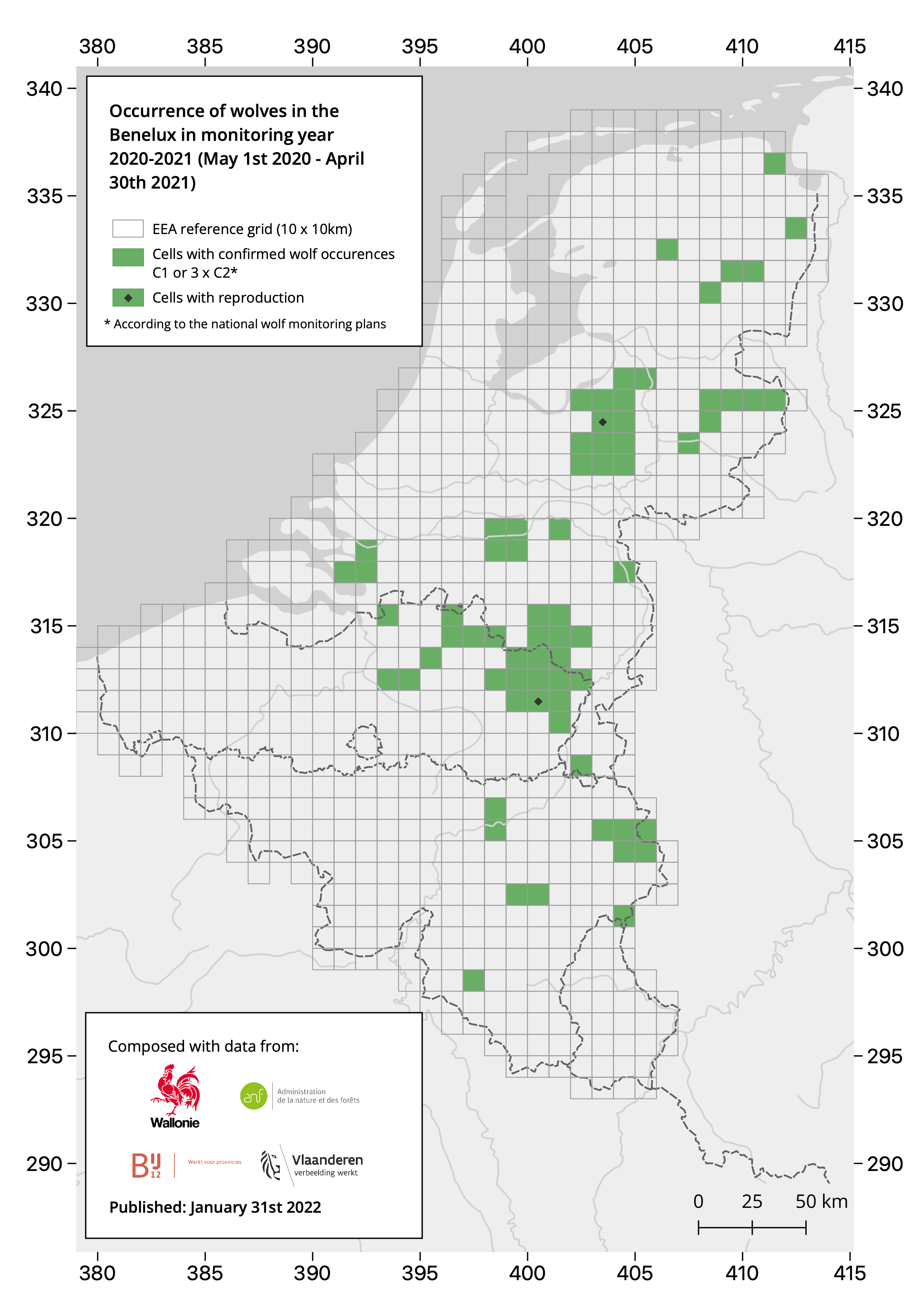 Illustratie van de verspreiding van de wolf in de Benelux 2020 - 2021