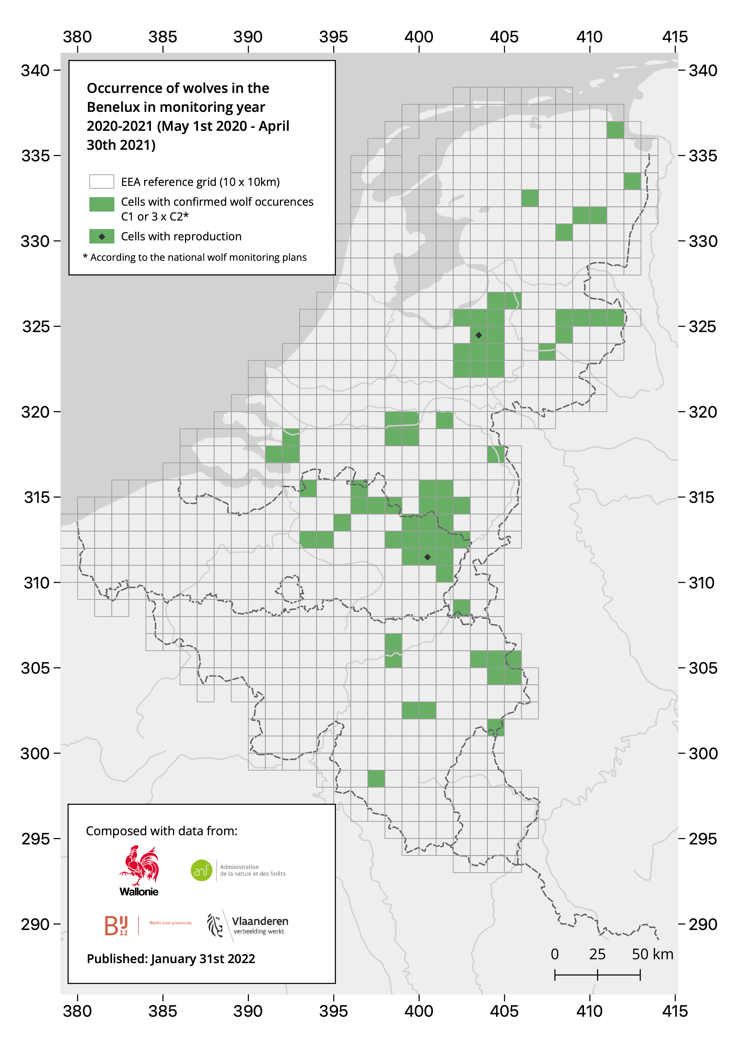 Illustratie van de verspreiding van de wolf in de Benelux in de jaren 2020 - 2021