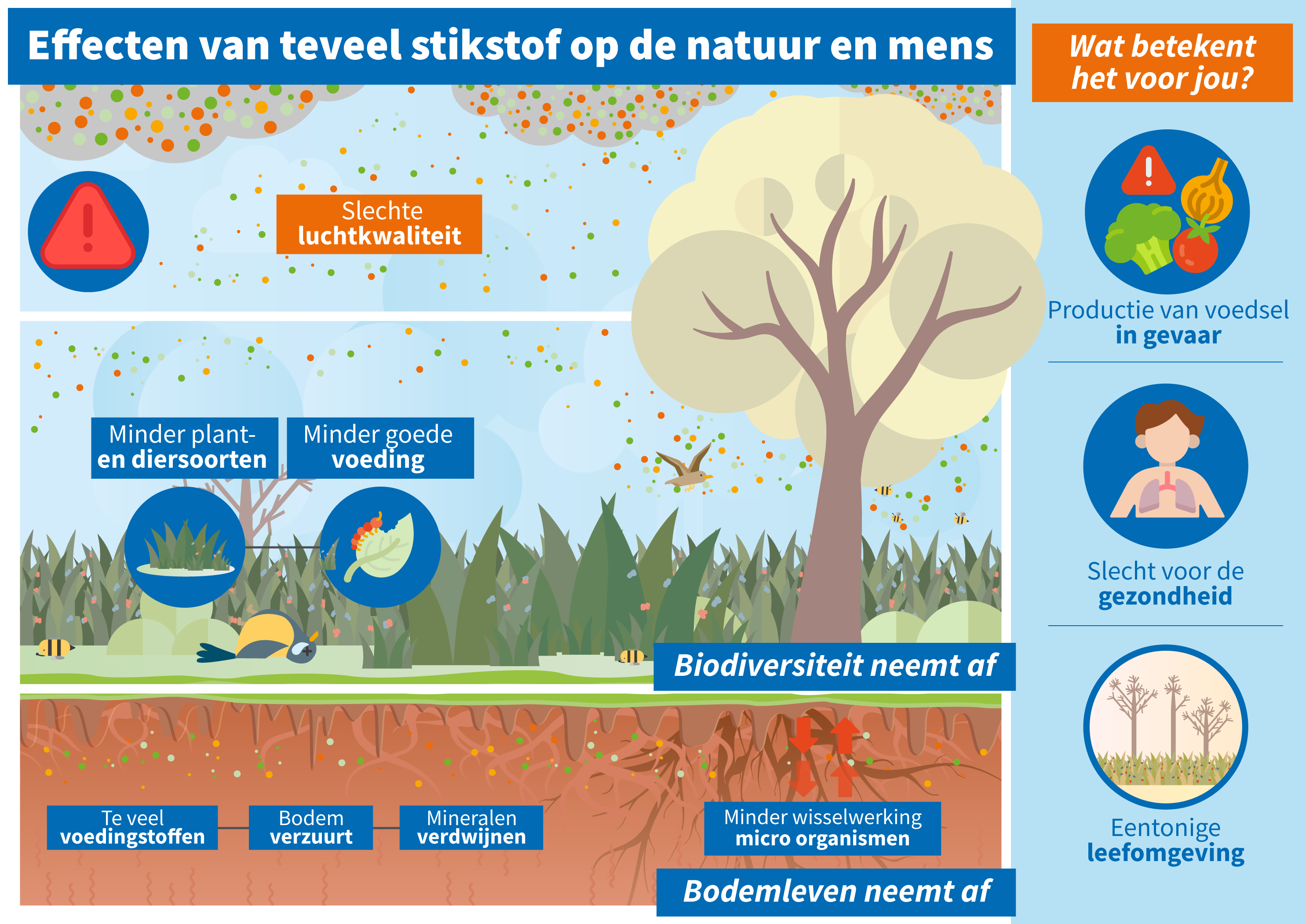 Visualisatie van de effecten van teveel stikstof op mens en milieu. Zie de uitgeschreven tekst onder deze afbeelding voor een toelichting.