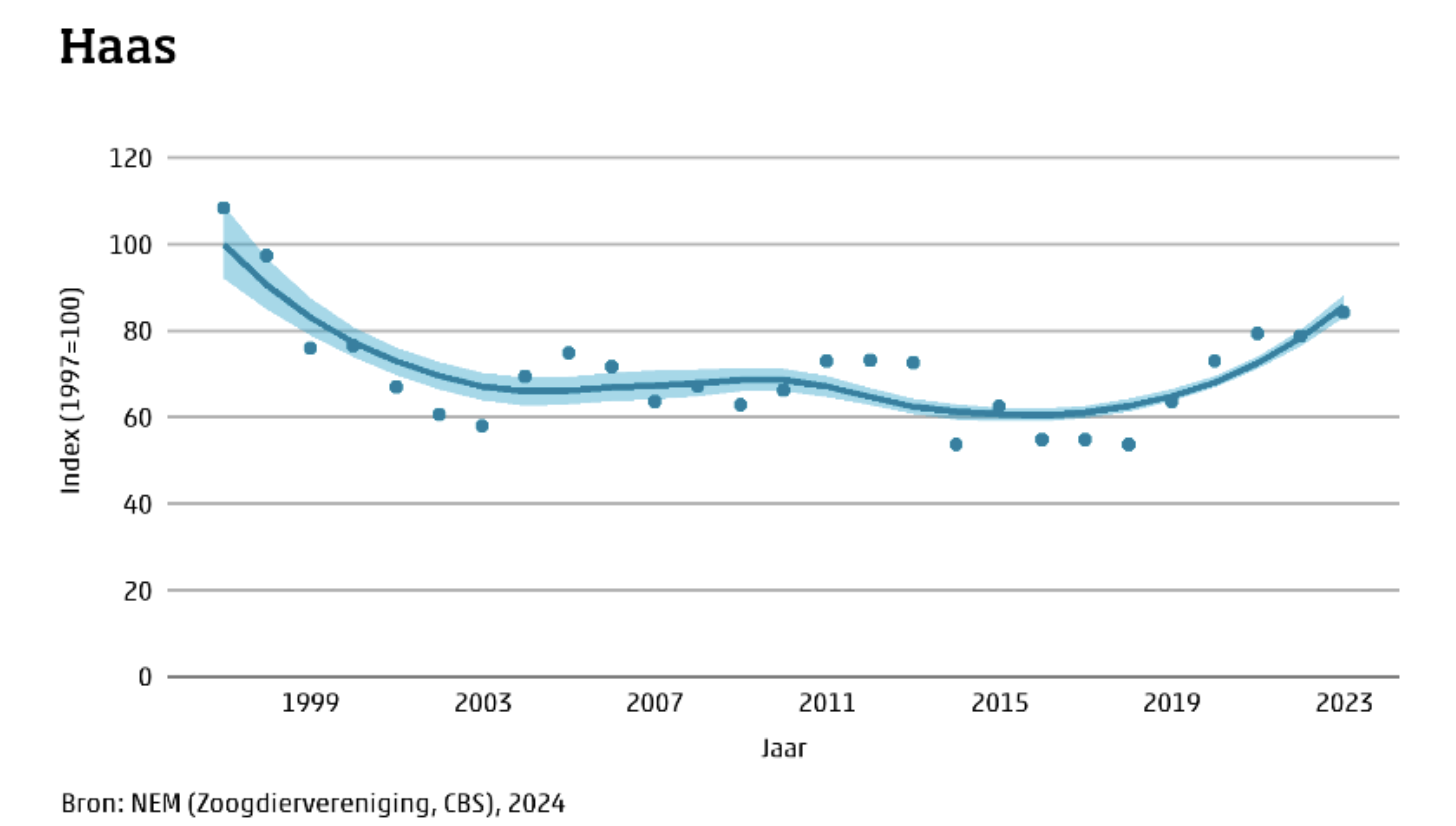 Grafiek van de populatietrend vanaf 1997 tot 2023. Sinds 1997 neemt de populatie af maar na 2019 lijkt deze weer opgaand.