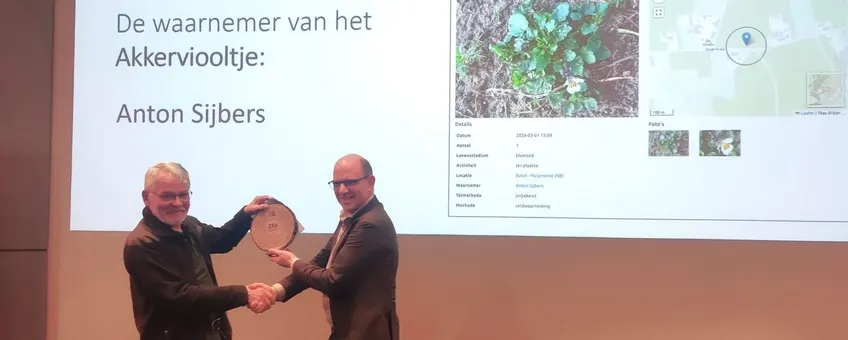 NDFF‑vertegenwoordiger Jan Willem van der Vegte reikte de erkenning uit aan Anton Sijbers (82), die de 250 miljoenste waarneming invoerde: een Akkerviooltje.
