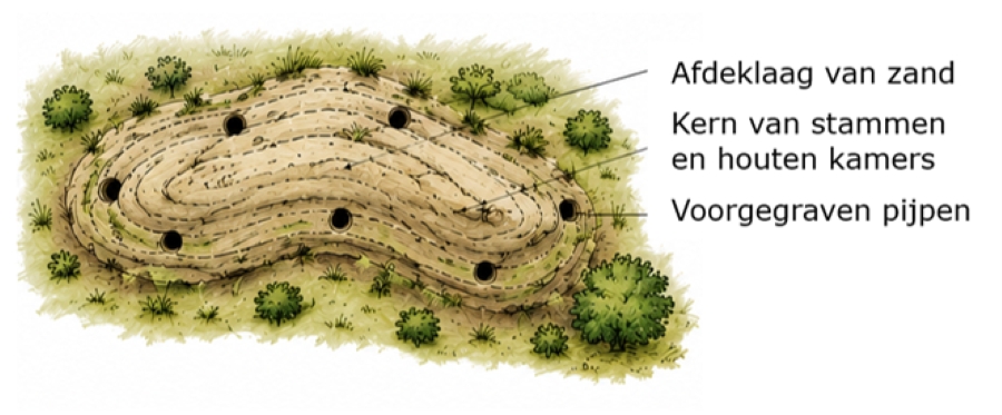 Schematische weergave van het bovenaanzicht van een geavanceerde kunstburcht. Hierop is de afdeklaag van zand, de kern van stammen en kamers en voorgegraven pijpen weergegeven. 